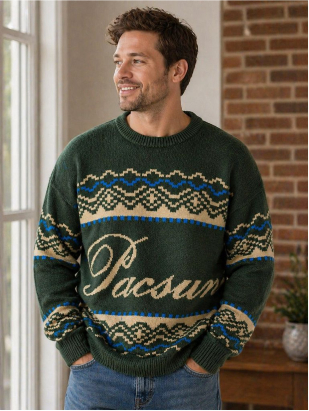 PacSun Crewneck Green Beige Blue Sweater, Men’s Size L